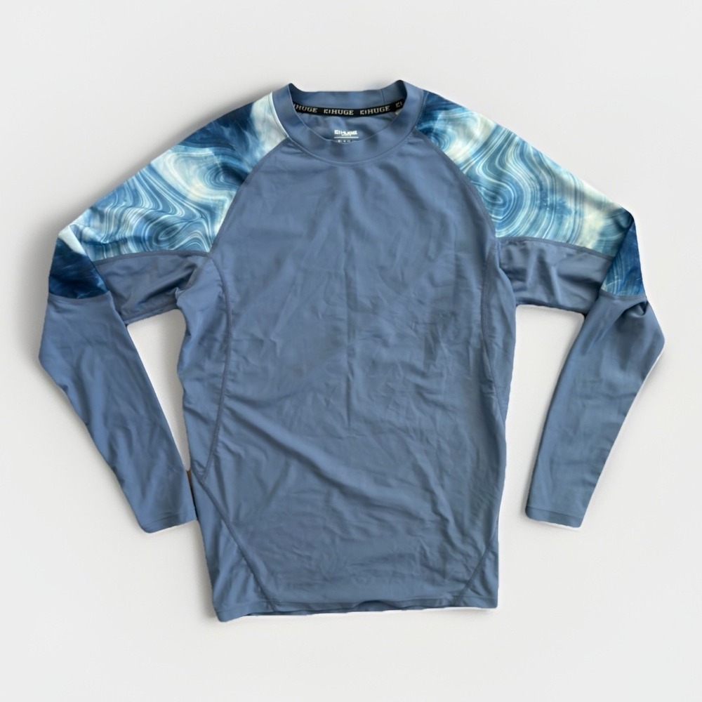 HUGE Sports Compression Shirt Men's Medium Blue Long Sleeve Athletic Rash Guard